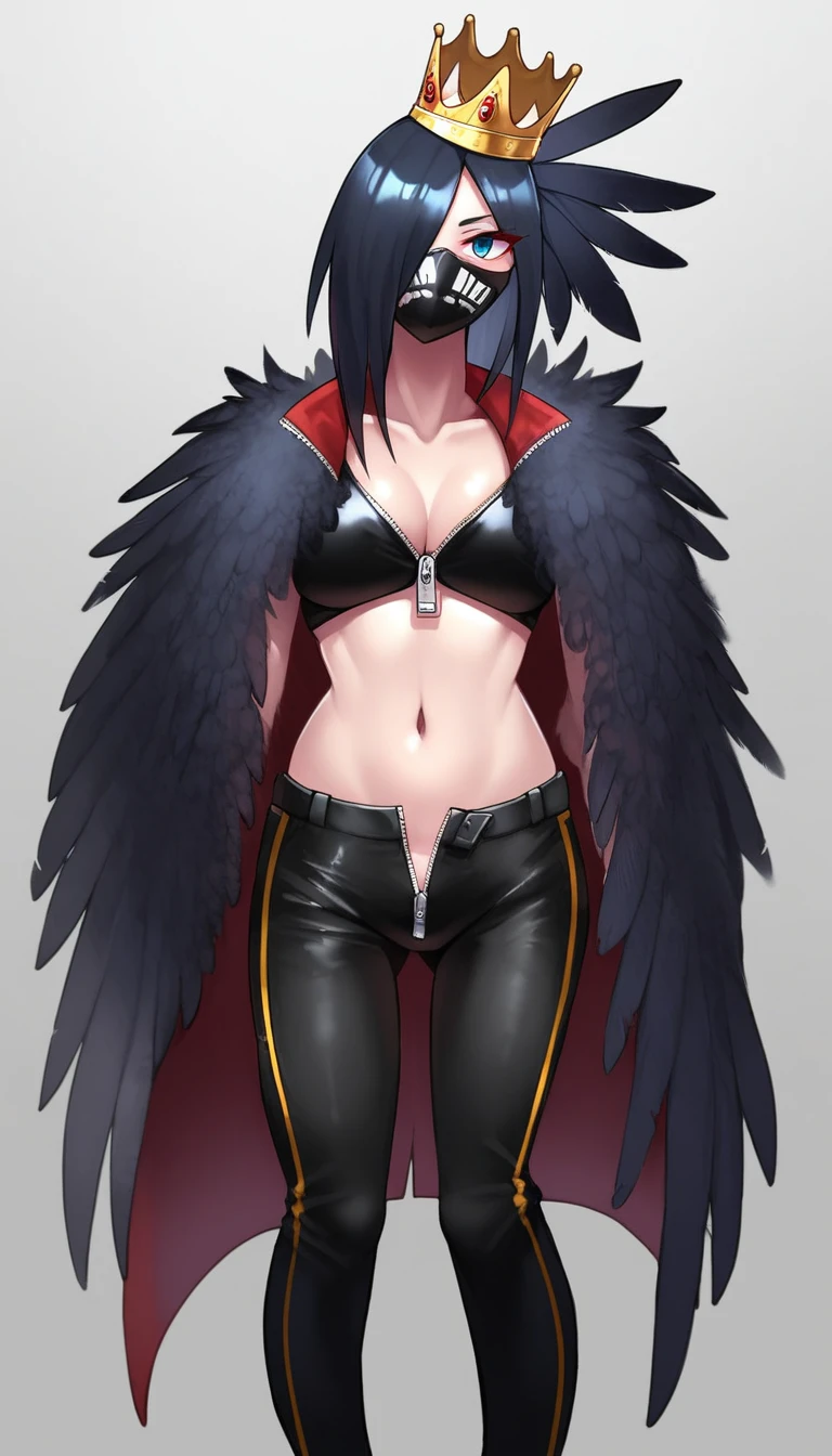 (zPDXL2),  score_9_up, ((adult)), (Crown:1.2), (female, feathers, black feathers), with Center parted long black hairstyle, (wearing half mask, covers the 1eye), Top with a zipper, shows stomach, trousers, thigh visible, show legs, scene background, BREAK
 AissistXLv2, unaestheticXL_bp5, SimplePositiveXLv2, zPDXL2 PonyXLV6_Scores