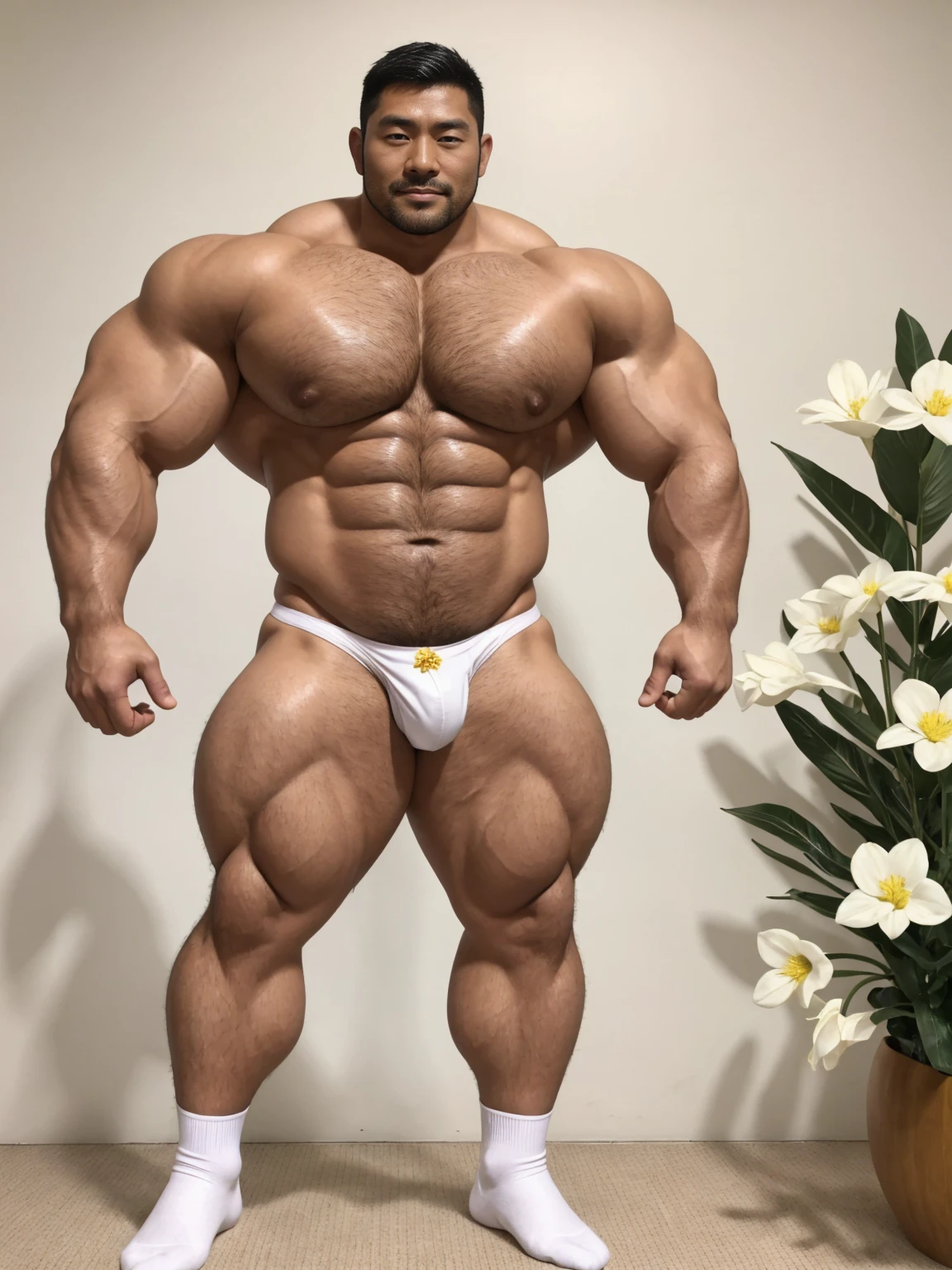 There is only one handsome Asian actor in the photo,35 years old,High target, Fitness,short hair, O-Shaped Beard,Perfect body, Dark skin color,Radiant Skin,Smooth skin,Shiny, shiny skin,Smooth pectoral muscles,No chest hair,No body hair,Muscle bulge, muscular, Very large pectoral muscles,Very sexy abdominal muscles,Very well-developed leg muscles,Huge concave and convex area,Brightens oily skin,Wearing white thong,Handsome face,Correct and accurate male body proportions for wearing white socks, Standing in front of a flower background。