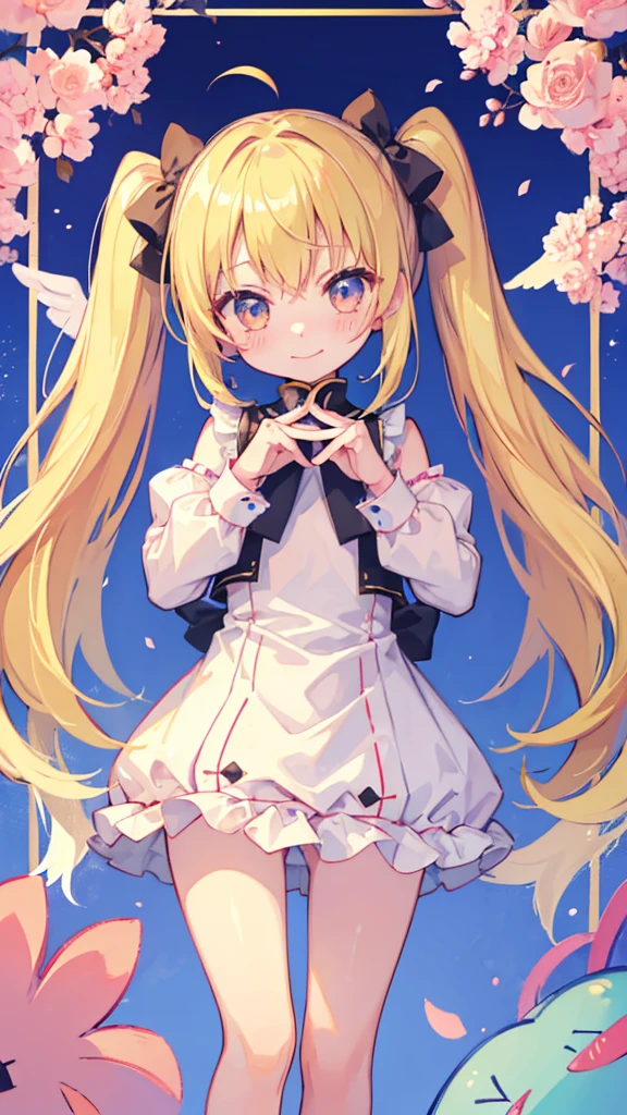 ((masterpiece))((Highest quality))girl、smile、blush、Flat Chest、Are thin、、low length、Blonde、Long twin tails、Embarrassed、Are standing、Angel's wing、Angel clothes、Whole body image、Even your toes are visible、Eye level on face、front、No background、mayonnaise、真frontのアングル
