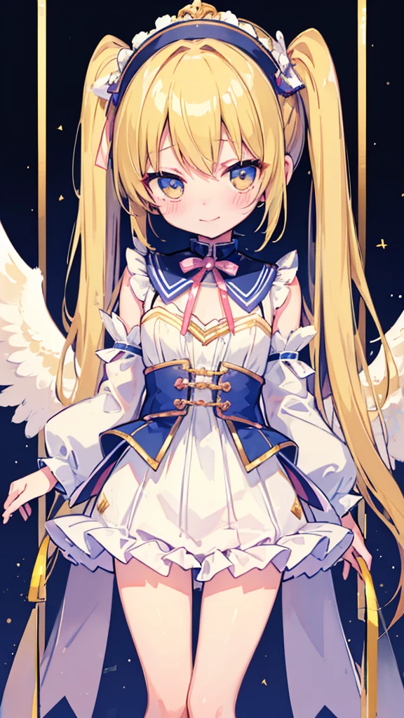 ((masterpiece))((Highest quality))girl、smile、blush、Flat Chest、Are thin、、low length、Blonde、Long twin tails、Embarrassed、Are standing、Angel's wing、Angel clothes、Whole body image、Even your toes are visible、Eye level on face、front、No background、mayonnaise、真frontのアングル