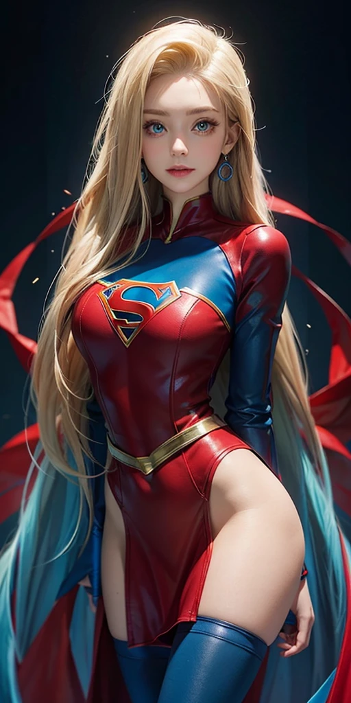 The character Supergirl, perfect blue and red costume with the traditional "S" in the chest, red cape, shiny little blue eyes, extremely beautiful blond hair, beautiful smile , perfect anatomy and extremely beautiful face, hyperrealistic face 