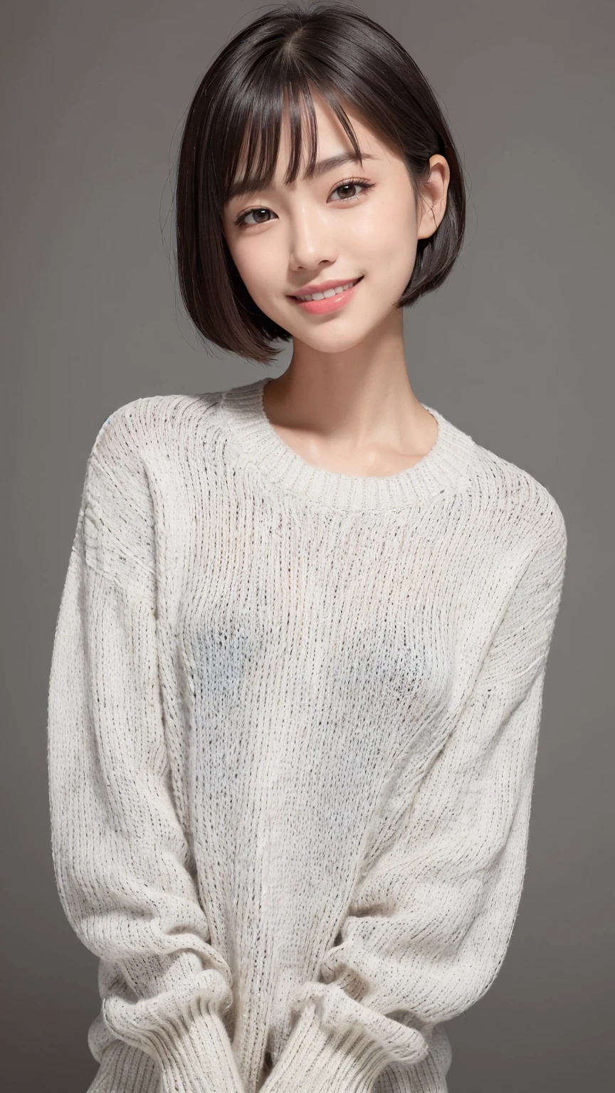 (masterpiece, Highest quality, Highest quality, High resolution, Realistic:1.2), Gray blank background, (Bright lighting, Professional Lighting), One Woman, Realistic Skin, Fine skin, Beautiful Skin, expensive, (Black Hair, Short Bob Cut, middle part), (Eyelash extensions, Fine grain, Iris, Carefully drawn eyes, View your viewers, cute, Grin:1.2), (Lean upper body, Muscular body:1.2), (Summer Sweater:1.3), A kind smile, Small teeth visible, Upper Body Shot