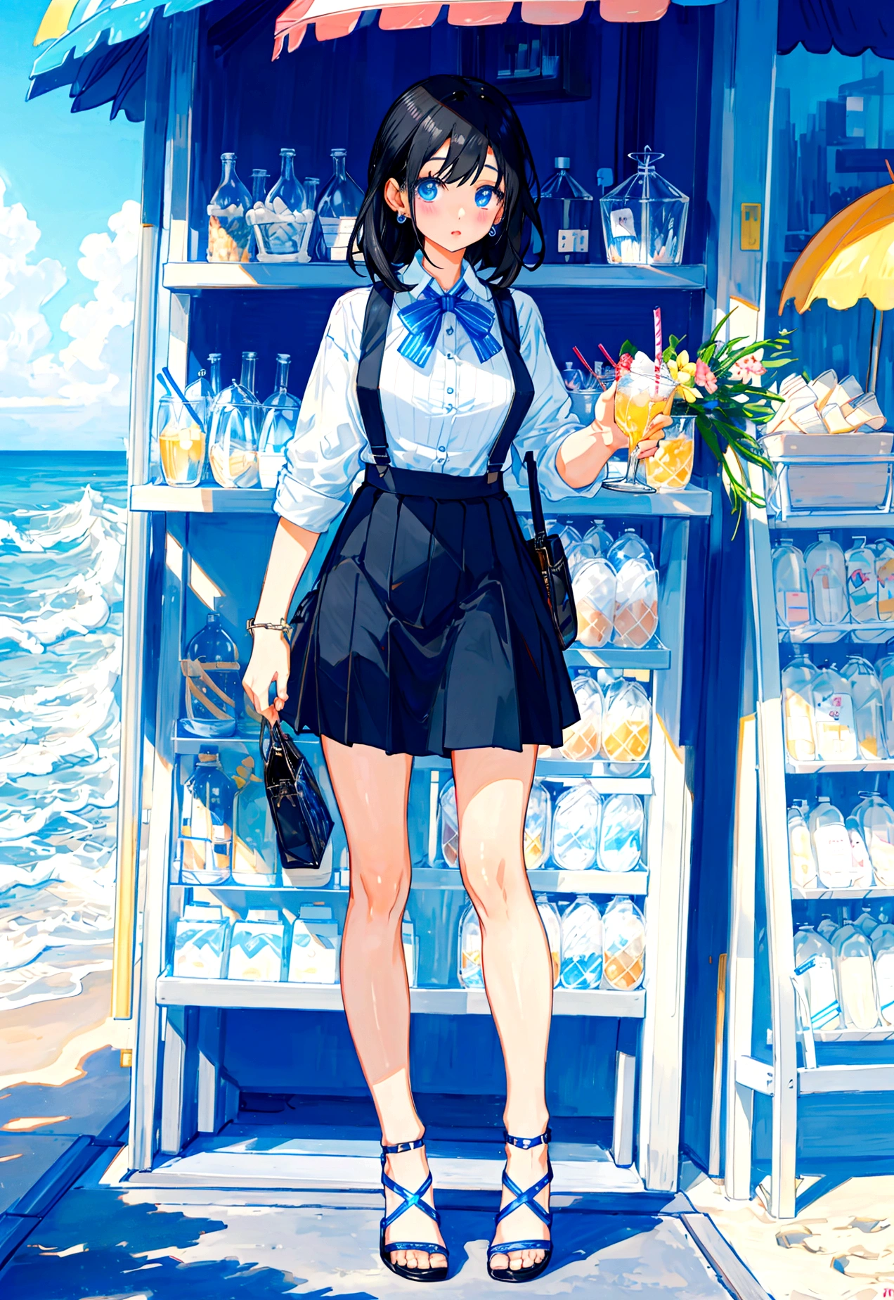 At the beachfront drink shop,Black hair girl,Wearing a blue striped suspender skirt