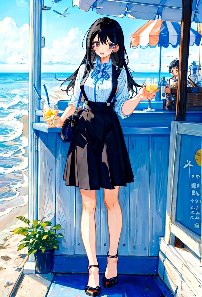 At the beachfront drink shop,Black hair girl,Wearing a blue striped suspender skirt