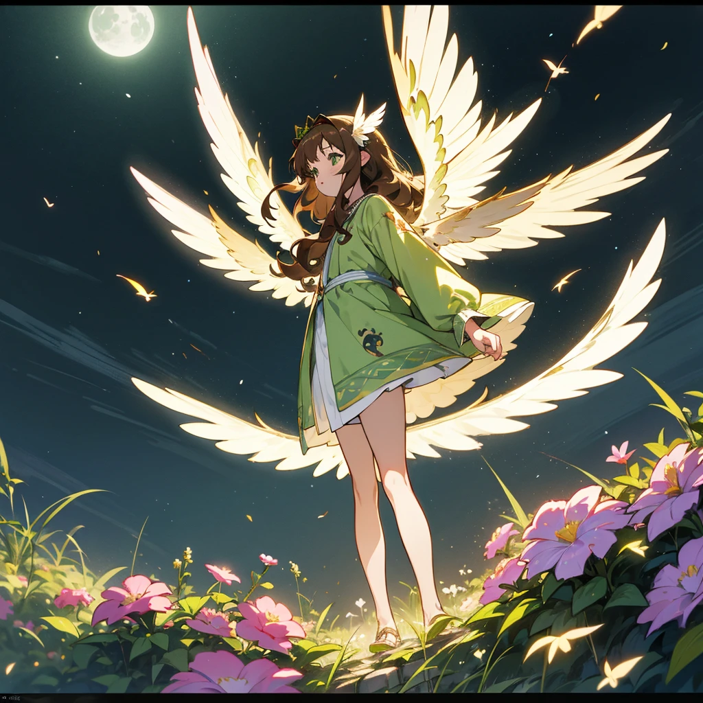 brown hair, wavy hair, straight hair, kawaii, anime, Cute, hyper quality, highly detailed, full body, 16k, green eyes, private clothes, wings on the back of body, one girl, nature background, moonlight, Meteor shower, light effects, Wings of light, one brown bird, highlight, hair accessory, flower garden, garden