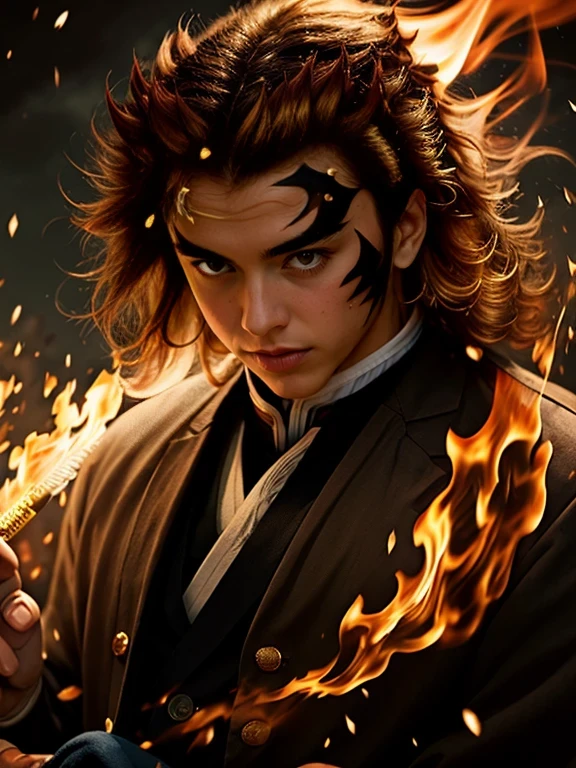 Statue of Renge Shijuro "Demon slayer: (((Kimetsu no Yaiba)))" Vividly drawn. A manly and brave man, ((((Golden Hair)))), Swinging a Sword ,This work、The majesty and heat of the pillar of fire are expressed with delicate brushwork.。, Immerse your audience in a heroic and exciting atmosphere. Each stroke reflects the exquisite skill of a true artist.、It highlights the indomitable spirit of the pillar of fire.。, Deeply impressed、I was impressed. ", RPG, , High Contrast, Cel Shading