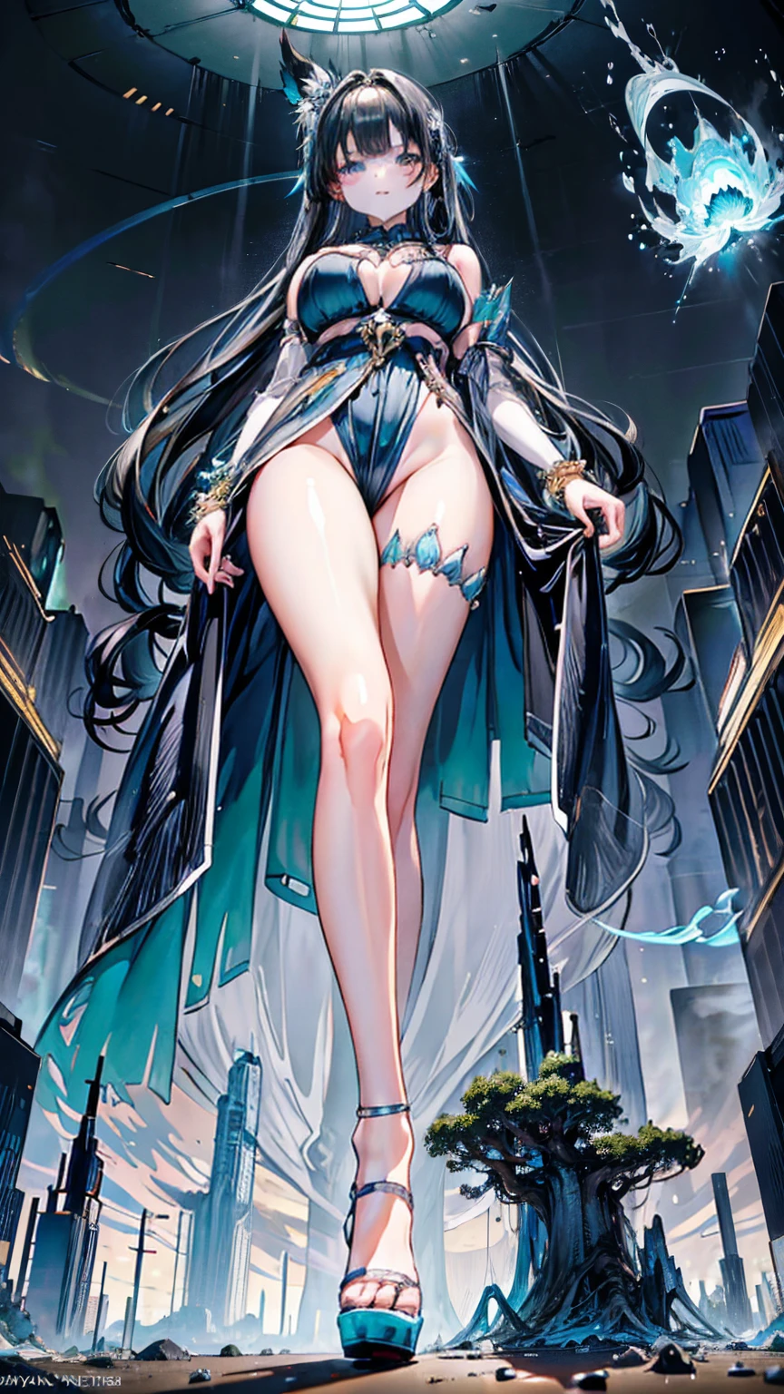 A mystical giantess, in a flowing blue dress adorned with glowing runes, with long black hair and ethereal silver eyes, strides through an enchanted forest. Her powerful legs crush ancient trees and magical creatures underfoot. She gazes at the tiny humans hiding among the roots with a look of disdain, her voice filled with mocking laughter. Her voluptuous figure exudes an aura of raw power and sensuality, every movement causing the ground to tremble. Giantess, Goddess, sexy legs, heels, hot, curvy body, mommy issues, small town, small people, tiny people, macrophilia, perspective from below, high quality, almost naked, mature woman, mystical.