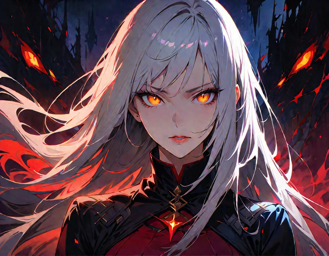 Long white hair, yellow eyes, evil, sexy, black and red clothes, evil face, evil, serious look, gloss lips, sinister, front look, bloody, gloves, close up, portrait, beautiful eyes, short dress, big white, dark place, night, sensual, straight hair cut, clear skin, evil, young 30 years girl, adult girl, solo, red, very long hair, ankle length hair, handsome older WOMAN，crimson-eyes，crimson pupils，Long white hair，Hyperresolution，accuracy，Detailed rendering,（Image of fine hair）（topquality）（Masterpieces of masters）（High degree of completeness）（A sense of atmosphere）tmasterpiece，Super detailed and super detailed（((half-body portrait)))