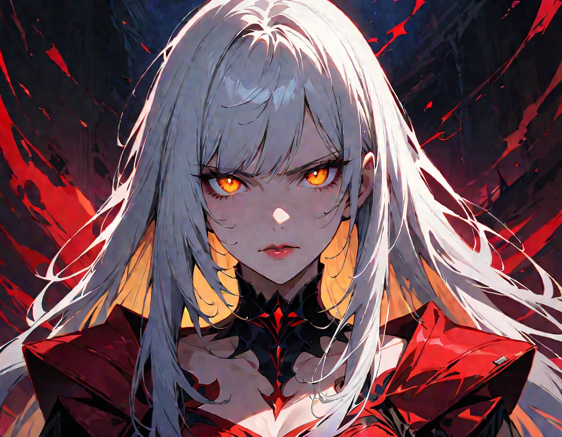 Long white hair, yellow eyes, evil, sexy, black and red clothes, evil face, evil, serious look, gloss lips, sinister, front look, bloody, gloves, close up, portrait, beautiful eyes, short dress, big white, dark place, night, sensual, straight hair cut, clear skin, evil, young 30 years girl, adult girl, solo, red, very long hair, ankle length hair, handsome older WOMAN,crimson-eyes,crimson pupils,Long white hair,Hyperresolution,accuracy,Detailed rendering,(Image of fine hair)(topquality)(Masterpieces of masters)(High degree of completeness)(A sense of atmosphere)tmasterpiece,Super detailed and super detailed(((half-body portrait)))
