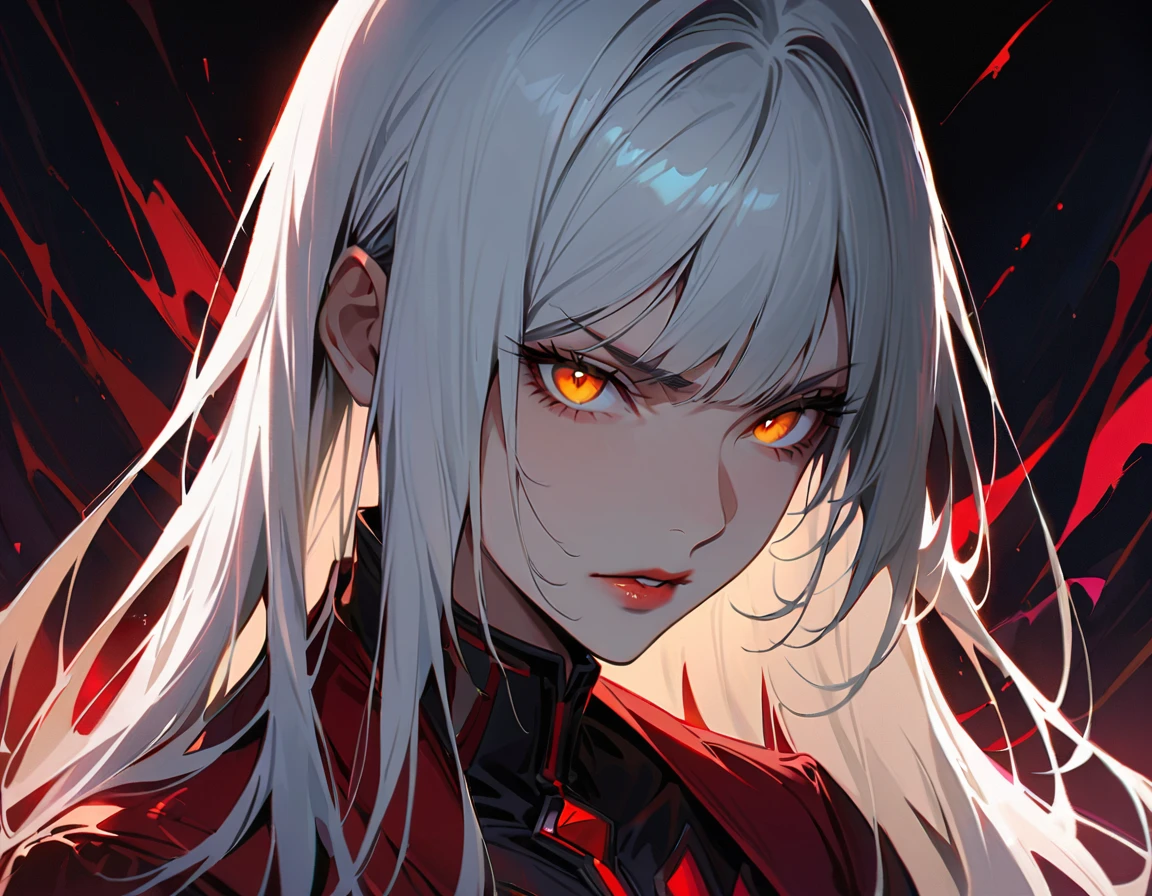 Long white hair, yellow eyes, evil, sexy, black and red clothes, evil face, evil, serious look, gloss lips, sinister, front look, bloody, gloves, close up, portrait, beautiful eyes, short dress, big white, dark place, night, sensual, straight hair cut, clear skin, evil, young 30 years girl, adult girl, solo, red, very long hair, ankle length hair, handsome older WOMAN,crimson-eyes,crimson pupils,Long white hair,Hyperresolution,accuracy,Detailed rendering,(Image of fine hair)(topquality)(Masterpieces of masters)(High degree of completeness)(A sense of atmosphere)tmasterpiece,Super detailed and super detailed(((half-body portrait)))