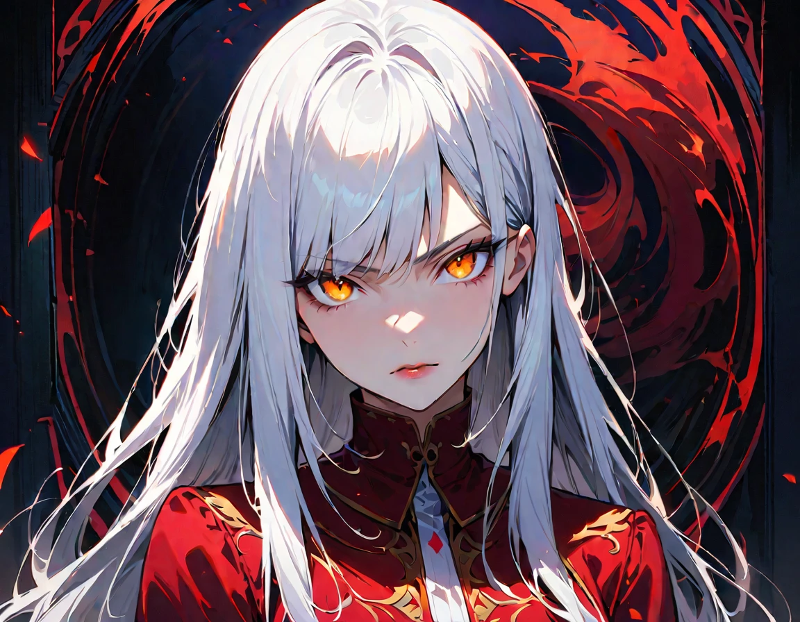 Long white hair, yellow eyes, evil, y, black and red clothes, evil face, evil, serious look, gloss lips, sinister, front look, bloody, gloves, close up, portrait, beautiful eyes, short dress, big white, dark place, night, sensual, straight hair cut, clear skin, evil, young 30 years girl, adult girl, solo, red, very long hair, ankle length hair, handsome older WOMAN，crimson-eyes，crimson pupils，Long white hair，Hyperresolution，accuracy，Detailed rendering,（Image of fine hair）（topquality）（Masterpieces of masters）（High degree of completeness）（A sense of atmosphere）tmasterpiece，Super detailed and super detailed（((half-body portrait)))