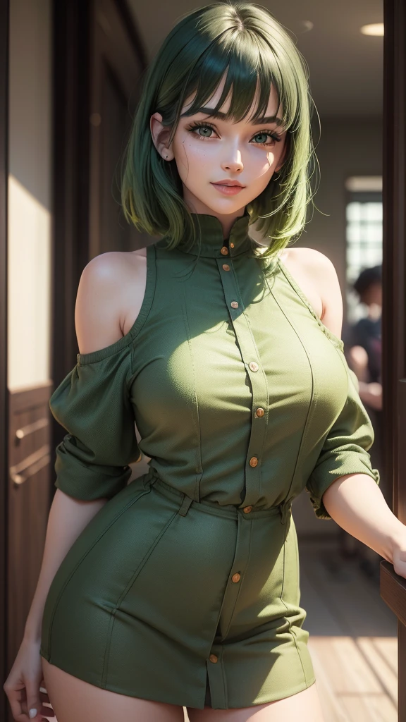 Frederica Greenhill, 25 years old, shortcut, green hair, wearing a blue casual shirts and pants fashion at a casual restaurant, sitting on chair , earrings, necklace, ring, bracelet, giga_busty