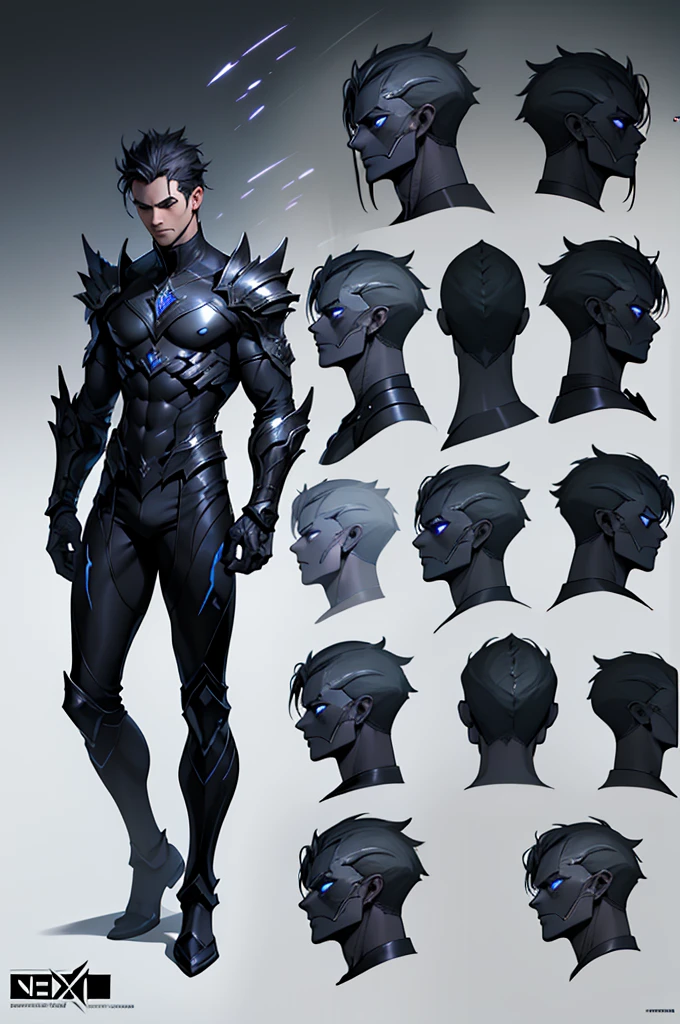 ((Masterpiece, Highest quality)), Detailed face, character design sheet, full bodyesbian, Full of details, frontal body view, back body view, Highly detailed, Depth, Many parts, "Concept art of a male teleporting assassin named Nyx. He has sharp, intense eyes and short dark hair. Nyx wears a sleek, dark outfit with silver or blue accents and lightweight armor. He wields dual daggers that can be thrown and recalled, each intricately designed with glowing elements. The background is a shadowy urban nightscape, adding a mysterious and intense atmosphere. Nyx is in a dynamic pose, teleporting mid-action, with a faint glow or shadowy effect left behind. The style is highly detailed digital painting with dramatic lighting."