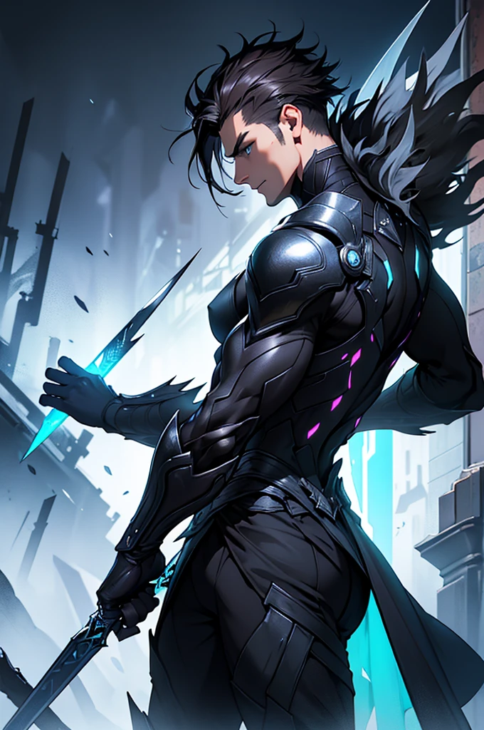 ((Masterpiece, Highest quality)), Detailed face, character design sheet, full bodyesbian, Full of details, frontal body view, back body view, Highly detailed, Depth, Many parts, "Concept art of a male teleporting assassin named Nyx. He has sharp, intense eyes and short dark hair. Nyx wears a sleek, dark outfit with silver or blue accents and lightweight armor. He wields dual daggers that can be thrown and recalled, each intricately designed with glowing elements. The background is a shadowy urban nightscape, adding a mysterious and intense atmosphere. Nyx is in a dynamic pose, teleporting mid-action, with a faint glow or shadowy effect left behind. The style is highly detailed digital painting with dramatic lighting."