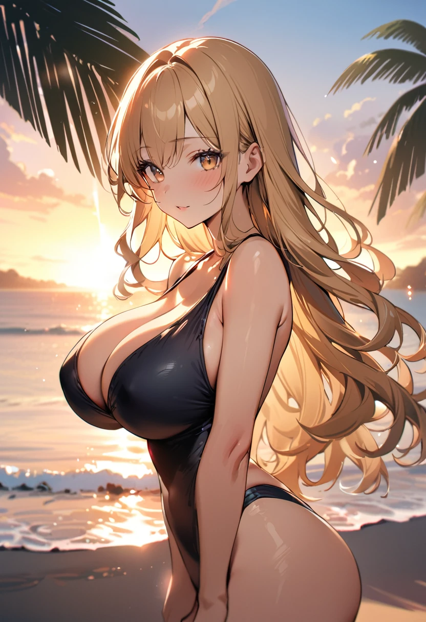 1 lady, 20 years old, blonde hair, long hair, wavy hair, light brown eyes, huge breasts,
BREAK (masterpiece), (high resolution 8K), cinematic lighting, professional lighting, detailed eyes and face, detailed body,
BREAK She’s posing seductively on a tropical beach, wearing a chic, figure-hugging swimsuit that complements her natural curves. The setting sun casts a warm glow on her, as she gives a playful, enticing look towards the camera, surrounded by the serene beauty of the ocean and palm trees