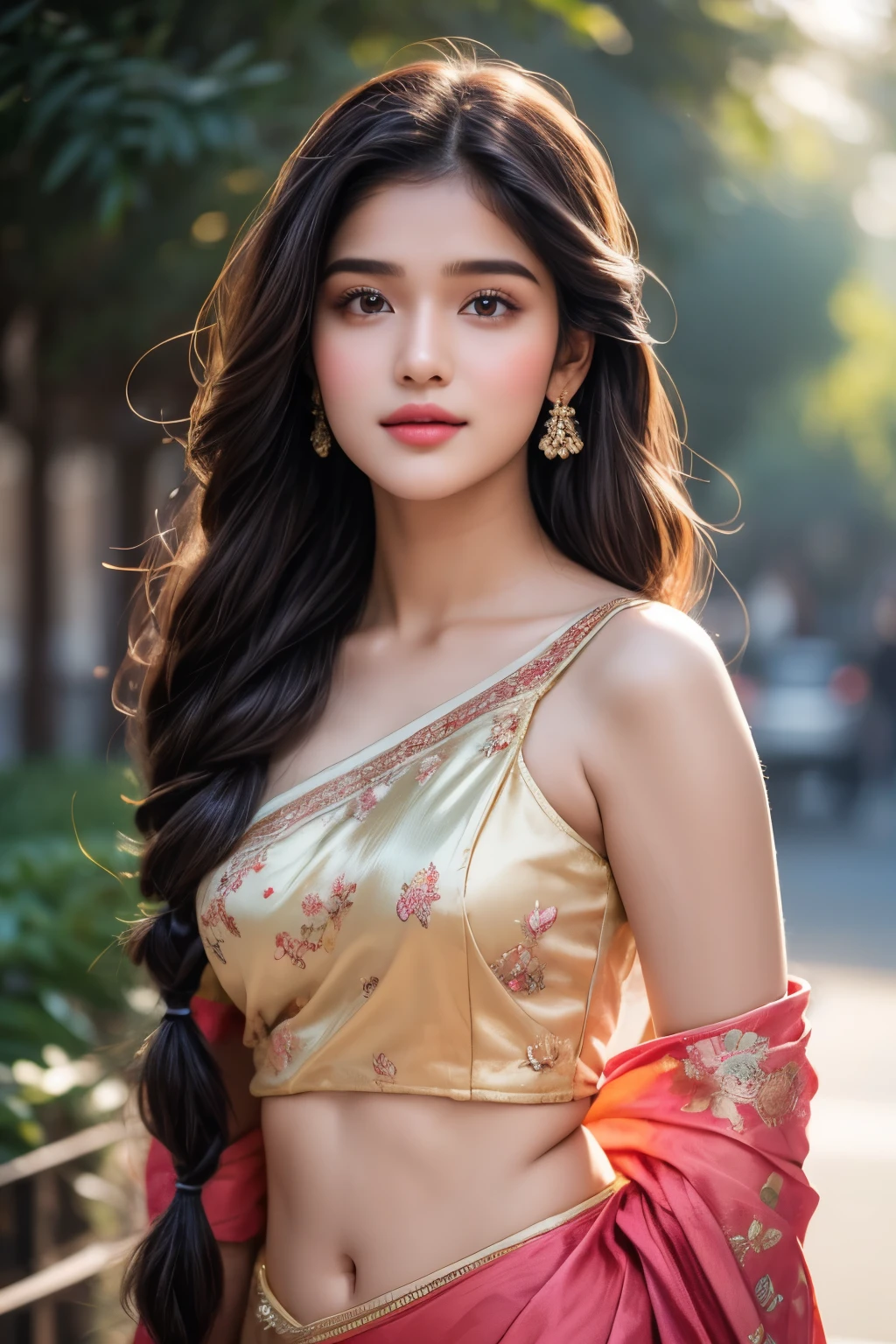 A breathtakingly beautiful 18-year-old girl named Anikha, who is the epitome of elegance and charm. She stands out as the central focus of this ultra-detailed, 8K resolution masterpiece with a perfect score of 9 and a UHD rating of 1.3. Her delicate facial features are captured with a stunning realism that's amplified by a majestic score of 1.5, making her appear as if she's stepped out of a high-definition dream. Her skin glows with a soft blush, perfectly accentuating her detailed, natural beauty. Her eyes, a rich brown, are filled with a blissful vibe, reflecting the cinematic lighting that surrounds her. They are so realistic and sharp that they seem to hold secrets of the universe within them. The exquisite twin braids of her long, shining hair are adorned with a hair ornament that adds an extra touch of elegance to her already flawless look. The background, a canvas of blurred perfection with a score of 1.7 for background blur, showcases an intricate  design that complements the overall aesthetic without overwhelming the main subject.
