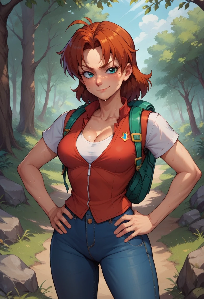 score_9, score_8_up, score_7_up, score_6_up, BREAK Delia Ketchum, wearing hiking outfit, backpack, cleavage, medium breasts, seductive smirk, hands holding own hips, sweating, wide hips, big ass, in a forest, jeans, long sleeved shirt