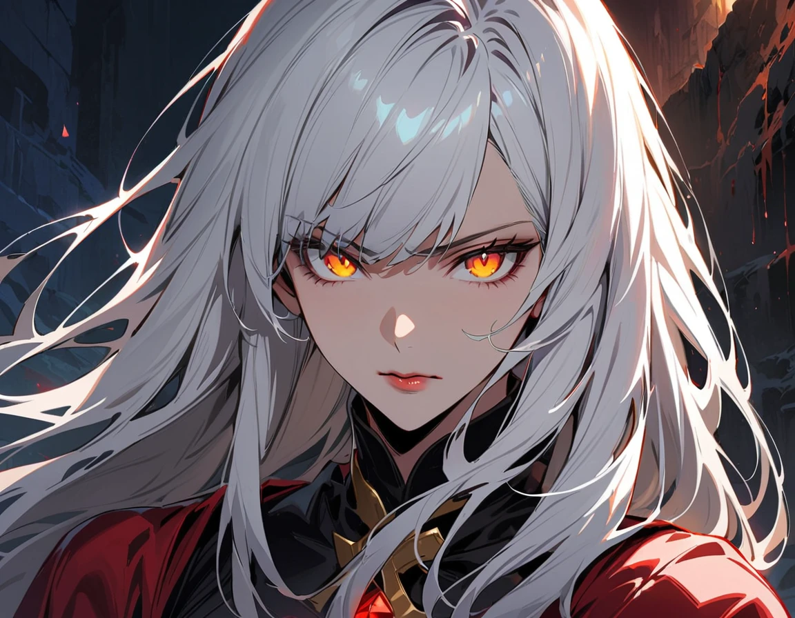 Long white hair, yellow eyes, evil, sexy, black and red clothes, evil face, evil, serious look, gloss lips, sinister, front look, bloody, gloves, close up, portrait, beautiful eyes, short dress, big white, dark place, night, sensual, straight hair cut, clear skin, evil, young 30 years girl, adult girl, solo, red, very long hair, ankle length hair, handsome older WOMAN，crimson-eyes，crimson pupils，Long white hair，Hyperresolution，accuracy，Detailed rendering,（Image of fine hair）（topquality）（Masterpieces of masters）（High degree of completeness）（A sense of atmosphere）tmasterpiece，Super detailed and super detailed（((half-body portrait)))
