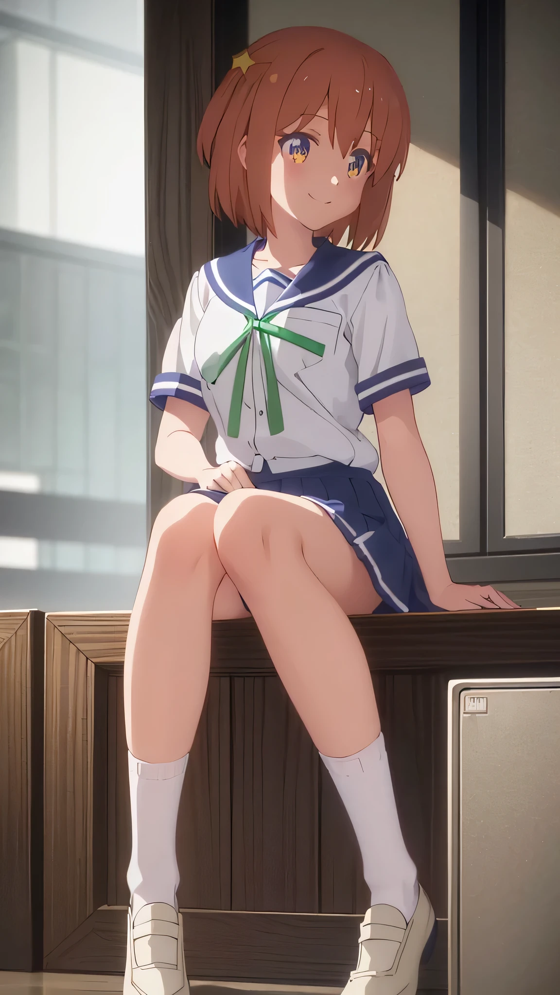 {Highest quality:1.5}, (masterpiece:1.3), High resolution, one person, one personの少女, is open_mouth, アニメ_Coloring, clavicle, White_socks, White_Knee-high socks, looking at viewer, clothing lift, hands behind head,  (Beautiful attention to detail:1.6), Highly detailed face, Highly detailed CG, (Perfect hands), Low angle, slender, leggy, small breasts, health check, smile, joyful, big smile, happy smile, hospital, heartwarming smile, Sailor suit, Short sleeve_uniform, uniform, green_ribbon, Navy Blue_skirt, White_socks, White knee-high socks, brown_loafers