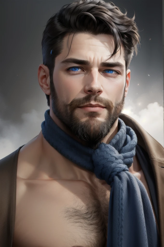 A man with blue eyes and a small beard and dark hair