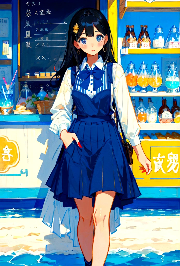 At the beachfront drink shop，Black hair girl，Wearing a blue striped suspender skirt