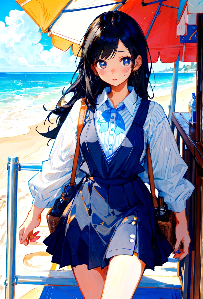 At the beachfront drink shop,Black hair girl,Wearing a blue striped suspender skirt