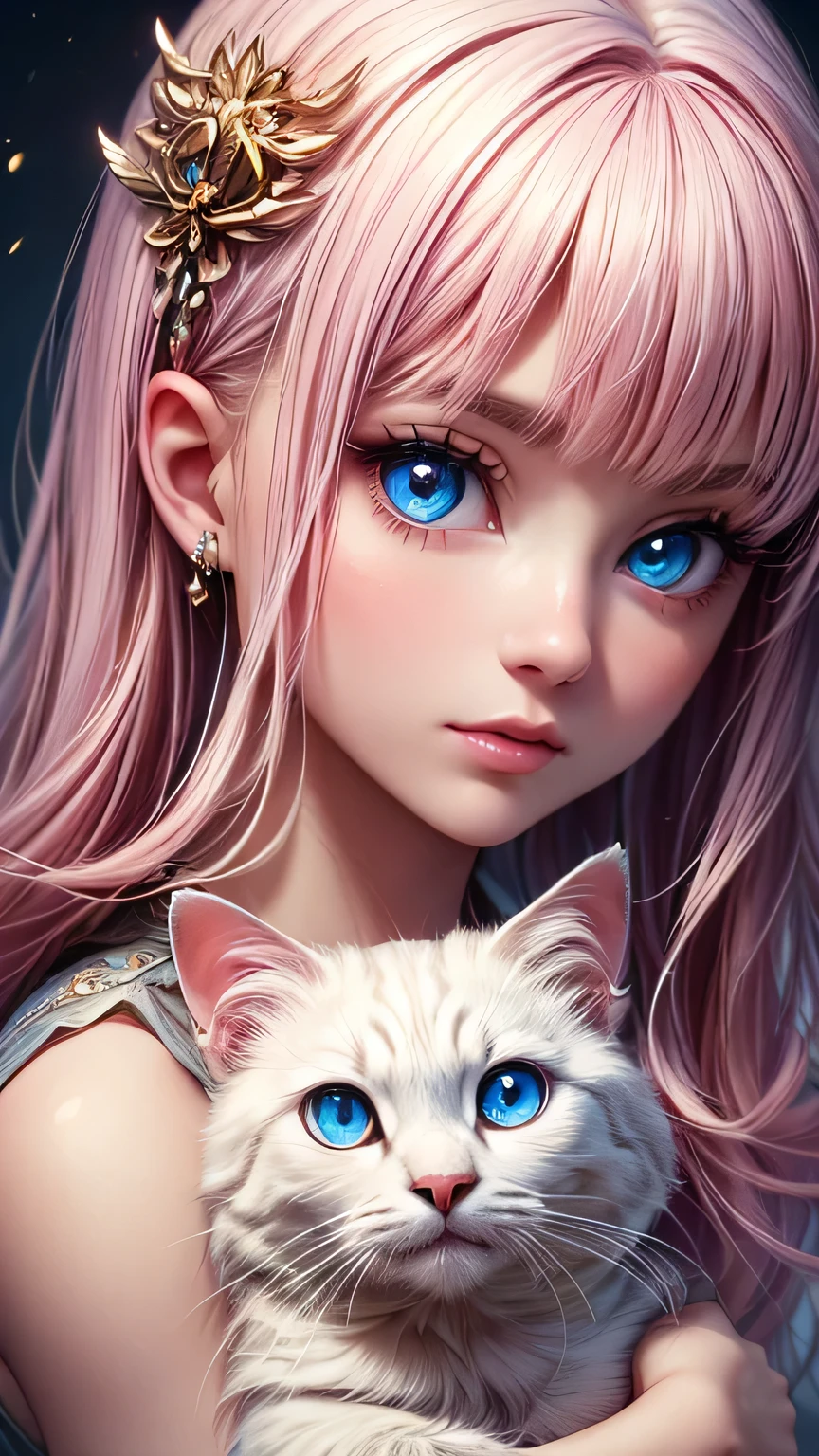 ((Highest quality, 16K, masterpiece: 1.3)), (Very delicate and beautiful face), (Beautiful eyes in every detail),,Girl with cat, White Cat, Pink Hair、blue eyes, Avatar,