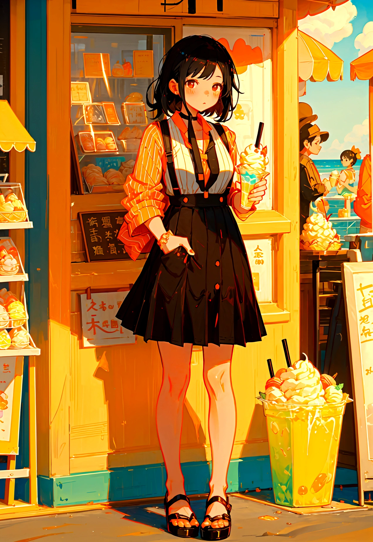 At the beachfront drink shop,Black hair girl,Wearing an orange striped suspender skirt,ice cream