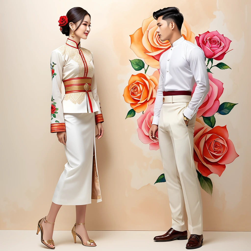 candid fashion illustration of two young man and women, 20-27 year old, adorned in a meticulously crafted North Thai Lanna traditional costume, ((showcase in cotton handwoven outfit)), simple elegant style, The man wears a simple long-sleeved white mandarin collar suit, paired with Tailor pants, and oxford shoes, The woman complements him with ankle-length pencil skirt, with simple minimal patterns details, fitted intricately decorated (waist-length blouse) that complements the skirt, Captured in full-body image, standing, ((the imperfect rose water-color backdrop)), sketching, realistic drawing, imperfect water color painting, fashion look book, fashion illustrator, sketch design, the image boasts high-quality, Lanna, North Thai traditional costume.