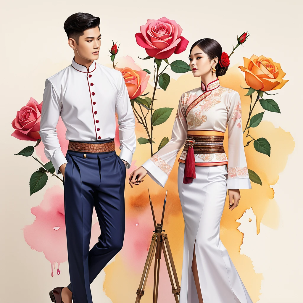 candid fashion illustration of two young man and women, 20-27 year old, adorned in a meticulously crafted North Thai Lanna traditional costume, ((showcase in cotton handwoven outfit)), simple elegant style, The man wears a simple long-sleeved white mandarin collar suit, paired with Tailor pants, and oxford shoes, The woman complements him with ankle-length pencil skirt, with simple minimal patterns details, fitted intricately decorated (waist-length blouse) that complements the skirt, Captured in full-body image, standing, ((the imperfect rose water-color backdrop)), sketching, realistic drawing, imperfect water color painting, fashion look book, fashion illustrator, sketch design, the image boasts high-quality, Lanna, North Thai traditional costume.