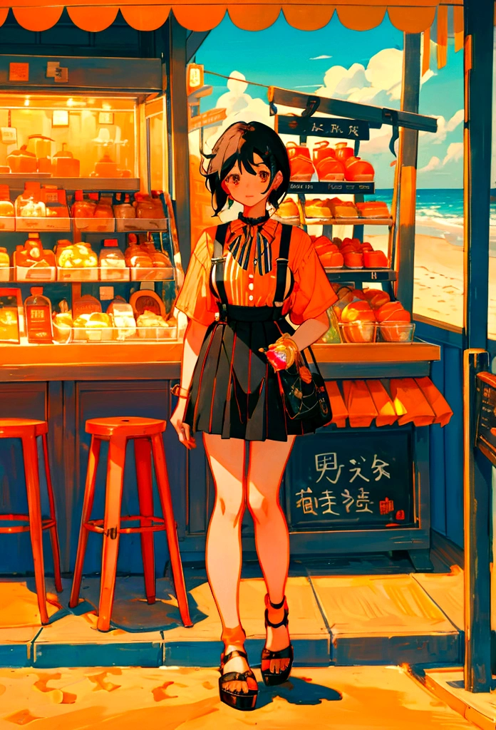 At the beachfront drink shop,Black hair girl,Wearing an orange striped suspender skirt,ice cream