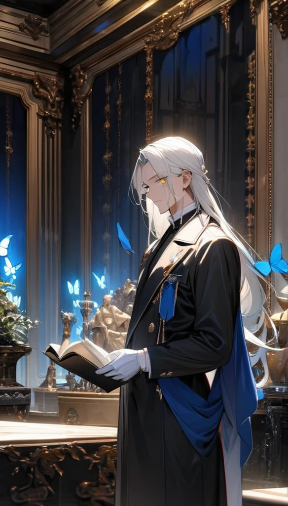 (masterpiece:1.5)，best quality，(1 Handsome man)，alone，white long length hair，(yellow eyes), (A soft smile)，elegant，perfect face，Long black trench coat，white and blue cloth，white leather gloves，white lining，Slightly muscular body，High，8K，Beautiful contrast of light and shadow，Dark luxury background，(complete upper body)，Positive face，luxury screen，(Luxurious castle hall)，Living room，book，plant，((many butterflies))，Museum，many flowers，(cross jewelry)