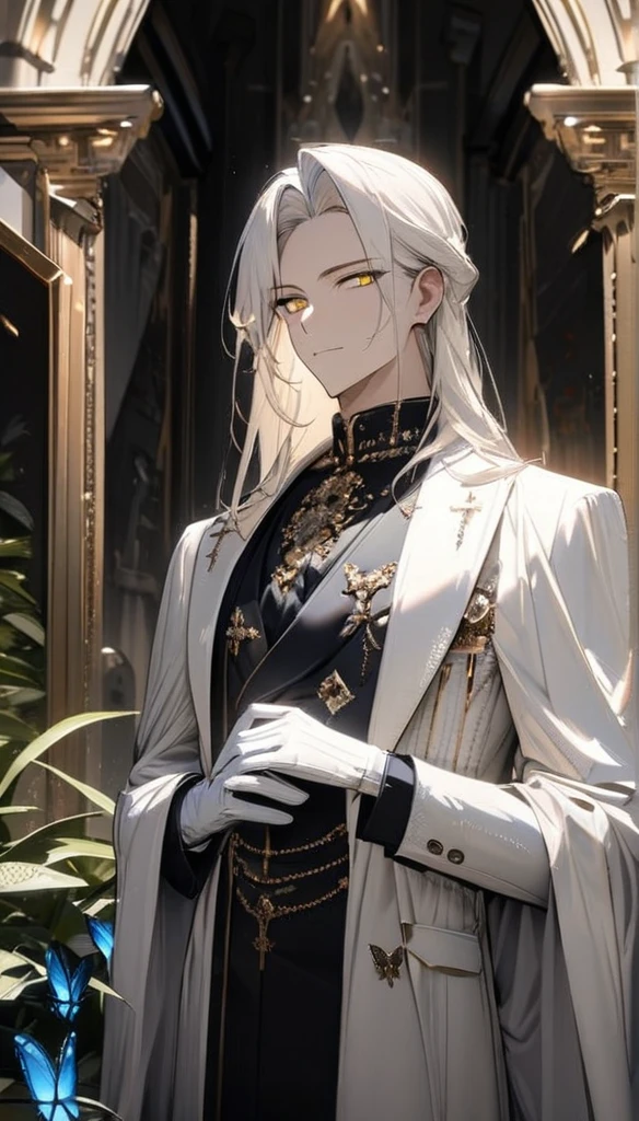 (masterpiece:1.5)，best quality，(1 Handsome man)，alone，white long length hair，(yellow eyes), (A soft smile)，elegant，perfect face，Long black trench coat，white and blue cloth，white leather gloves，white lining，Slightly muscular body，High，8K，Beautiful contrast of light and shadow，Dark luxury background，(complete upper body)，Positive face，luxury screen，(Luxurious castle hall)，Living room，book，plant，((many butterflies))，Museum，many flowers，(cross jewelry)