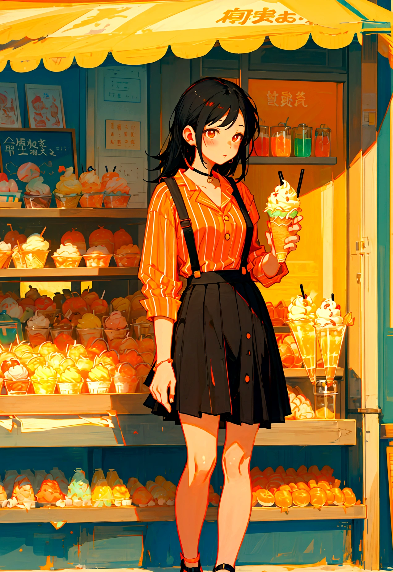 At the beachfront drink shop，Black hair girl，Wearing an orange striped suspender skirt，ice cream