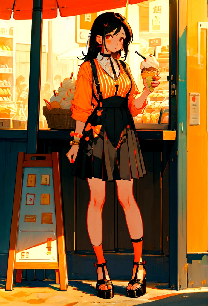 At the beachfront drink shop,Black hair girl,Wearing an orange striped suspender skirt,ice cream
