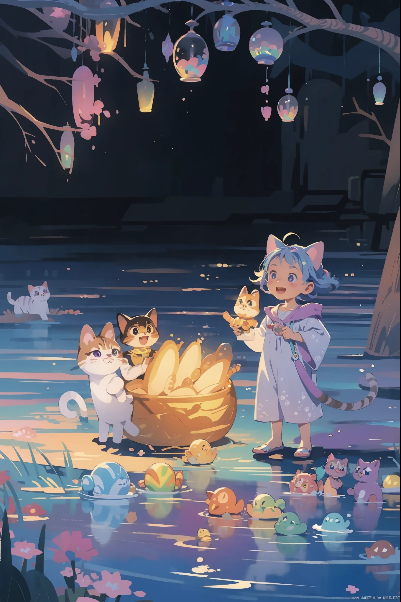 masterpiece, Highest quality, Intricate details, (Excellent ???????:1.4)、Cat、 Otherworldly liquid fantasy background, watercolor, Bright and vibrant colors, Whimsical, colorful, ((Rainbow bubbles))、artwork:Katsuya Terada 、(眠っているCat:1.2), watercolor画、Black Background、diego gisbert lawrence、Joe San Gonzalez Dan Mumford、Picture book illustrations、vague、superwide shot、Highest quality、Intensive、Golden ratio composition、