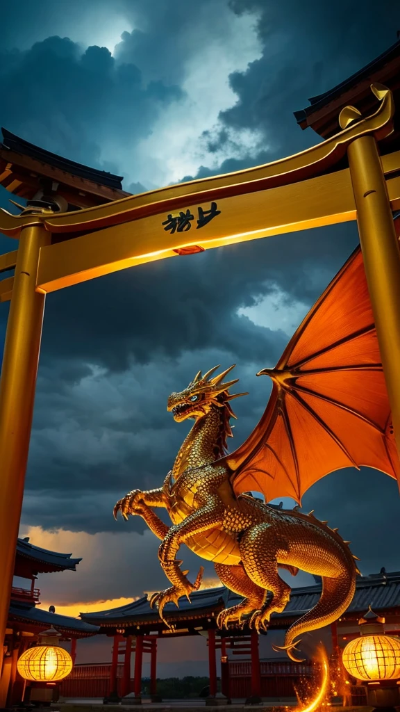 Realistic and magnificent golden Japanese wingless dragon with glowing eyes、She strikes a powerful pose against the backdrop of a dramatic stormy sky, rising from a torii gate lit by the golden rays of the set… Stretch Download