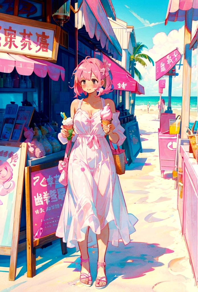 At the beachfront drink shop，Pink Hair Girl，Wearing a white slip dress，ice cream