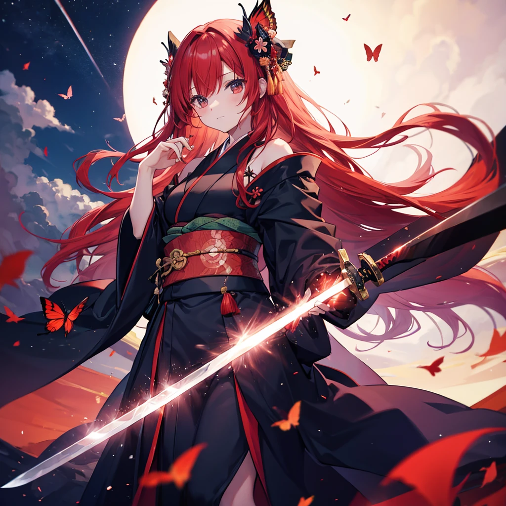 ((((Grasp the sword　1 person))))　(((Redhead　Long Hair　Black kimono　red band　Goddess of victory)))　((Red butterfly　night　Japanese style　shoulder　old))　(moon　star　autumn)　Shining Edge　Shining Background