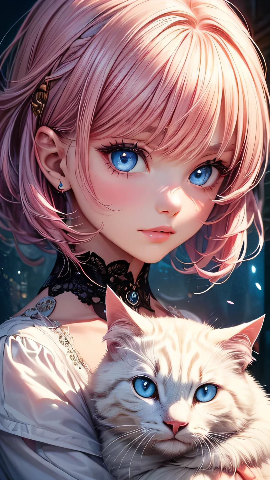 ((Highest quality, 16K, masterpiece: 1.3)), (Very delicate and beautiful face), (Beautiful eyes in every detail),,Girl with cat, White Cat, Pink Hair、blue eyes, Avatar,