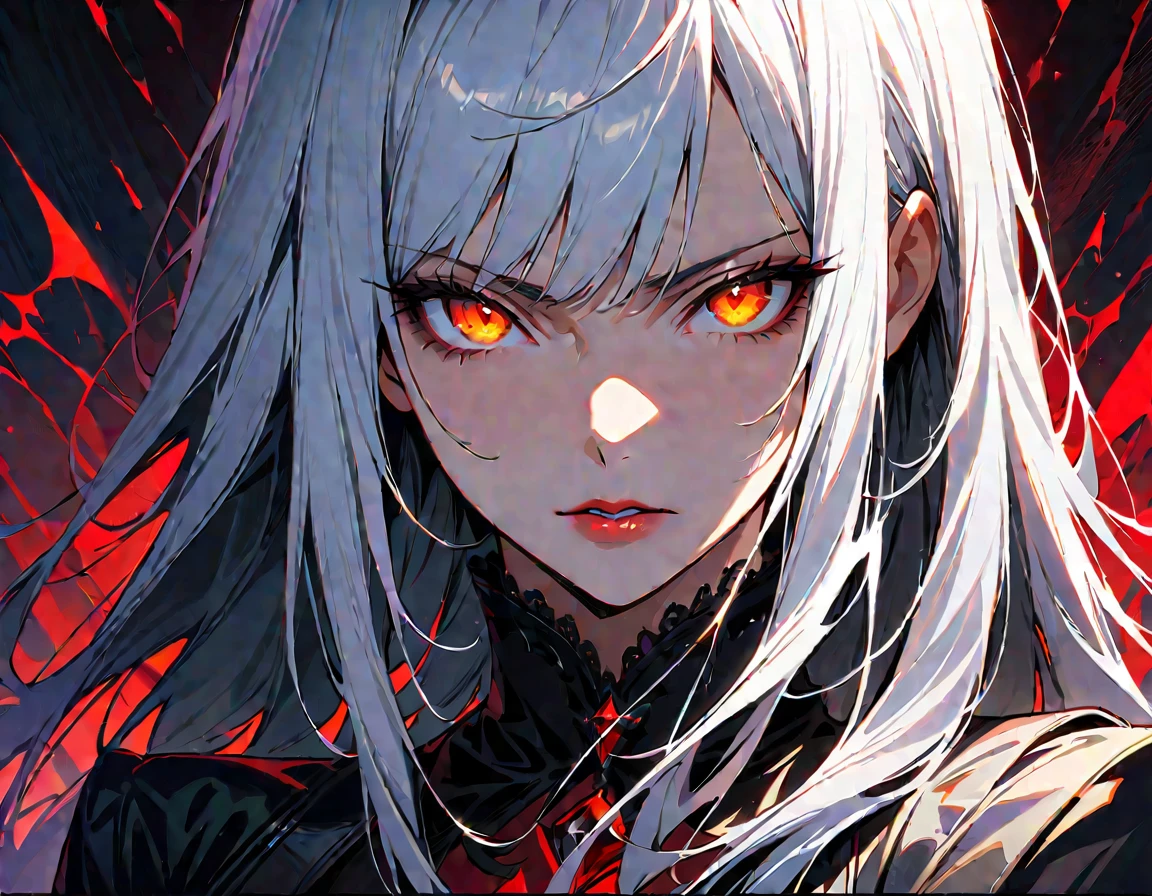 Long white hair, yellow eyes, evil, y, black and red clothes, evil face, evil, serious look, gloss lips, sinister, front look, bloody, gloves, close up, portrait, beautiful eyes, short dress, big white, dark place, night, sensual, straight hair cut, clear skin, evil, young 30 years girl, adult girl, solo, red, very long hair, ankle length hair, handsome older WOMAN,crimson-eyes,crimson pupils,Long white hair,Hyperresolution,accuracy,Detailed rendering,(Image of fine hair)(topquality)(Masterpieces of masters)(High degree of completeness)(A sense of atmosphere)tmasterpiece,Super detailed and super detailed(((half-body portrait)))