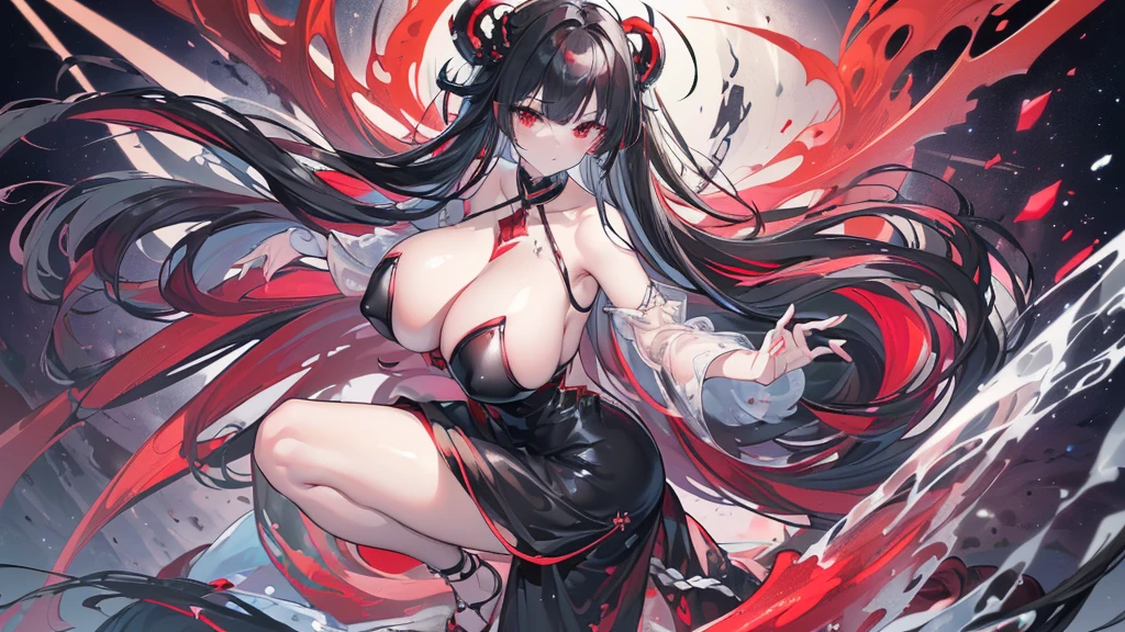 (Exquisite eyes),(Clear and beautiful eyes:1.61),masterpiece, ung girl,(Black clothes and some red gems), Black long hair, (She has a huge red gem on her chest), Good Hand,((The Havoc of StarCraft)),full-body shot,Fighting Stance,(Red Eyes:1.466)，short and small,(Very big breasts:1.35),(Pretty Face),(full-body shot:1.33),Beautiful hands