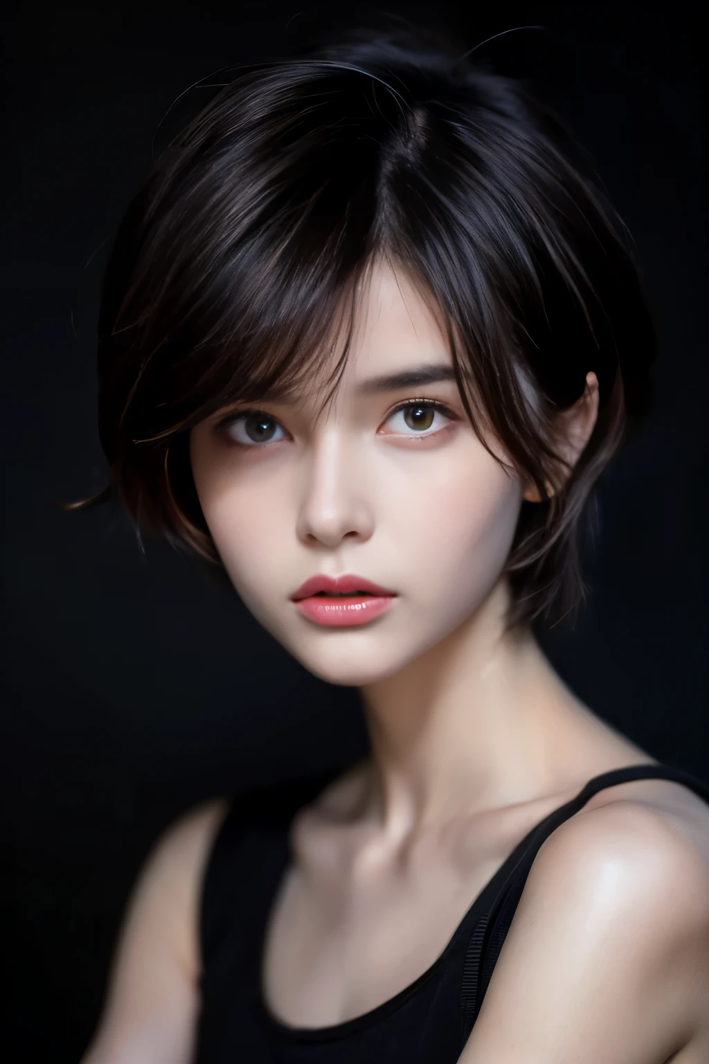 (high resolution,Practical) Short hair handsome tomboy girl, rugged, Ease: pencil drawing, Detailed facial features, Determine the expression, Dark background