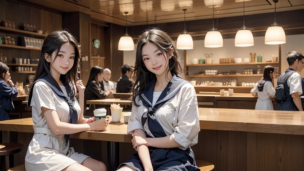 
(((((((Junior high school girl in sailor suit)))))))
(((((お洒落でcuteInside the Starbucks store)))))
8K、RAW Photos、Highest quality、Super detailed、Super Resolution、Ultra HD、8K壁紙、Amazing details



(((((((Inside the Starbucks store)))))))、((((((Sit down and eat cake、Drink Starbucks coffee、smile))))))、((Heart Necklace))




Modern and sleek design：Interior design using natural materials、Many of the designs are warm and made using wood and metal.。
Large windows：自然光をたっぷり取り入れるためのLarge windowsがあり、Providing a bright and open space。
Green Interior：Potted plants are effectively placed、It creates a relaxing atmosphere。
artwork：Works by local artists、Starbucks-related art on display。
Cozy seating：Cushioned chairs and sofas、Bar sheet etc.、A variety of seating options available。
Open kitchen area：Being able to see how drinks and food are made、We provide peace of mind and transparency。
Unique lighting：Antique lamps and chandeliers、Modern lighting fixtures are used。
Comfortable background music：Relaxing music is playing、A comfortable space is provided。
Wide々Table space：一人でもグループでも使いやすいWide々There is a table with。
Community Table：There is a large table where you can socialize with other customers.。
Seasonal decorations：The decorations are themed according to the season.。
Design with a local feel：The design incorporates the local culture and characteristics.。
Fragrance production：コーヒーの香りが店内にWideがり、A space that satisfies the five senses has been created.。
Conversation with a barista：フレンドリーなConversation with a baristaが楽しめるカウンターエリアがあります。




8K、RAW Photos、Highest quality、masterpiece:1.2、Super detailed、Super Resolution、Ultra HD、8K壁紙、Amazing details、Photorealistic:1.4、Having fun by the water、Full Body Shot、Full body photo、High-resolution RAW color photos、Professional photos、A scene full of emotion、Very detailed and beautiful、Ultra HD、8K壁紙、Amazing details、Huge file sizes、Highly detailed beautiful girls、Highly detailed face Highly detailed eyes、Extremely realistic skin、 Highly detailed fingers, Highly detailed nose, Highly detailed mouth, Perfect Anatomy, Highly detailed background, Highly detailed clothing, Teen, cute女の子, Famous Japanese Idols, cute, Realistic body, Slender, White skin, Glowing Skin, Slim body, Realistic Face, Delicate eyes, double eyelid, 

