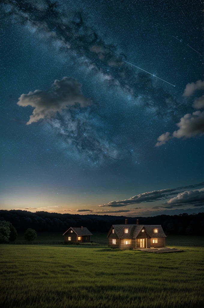 scenery, sky, no_humans, outdoors, grass, cloud, tree, star_(sky), house, night, letterboxed, starry_sky, night_sky, fireflies, cloudy_sky, field, building