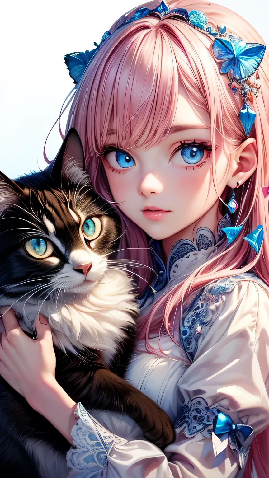 ((Highest quality, 16K, masterpiece: 1.3)), (Very delicate and beautiful face), (Beautiful eyes in every detail),,Girl with cat, White Cat, Pink Hair、blue eyes, Avatar,
