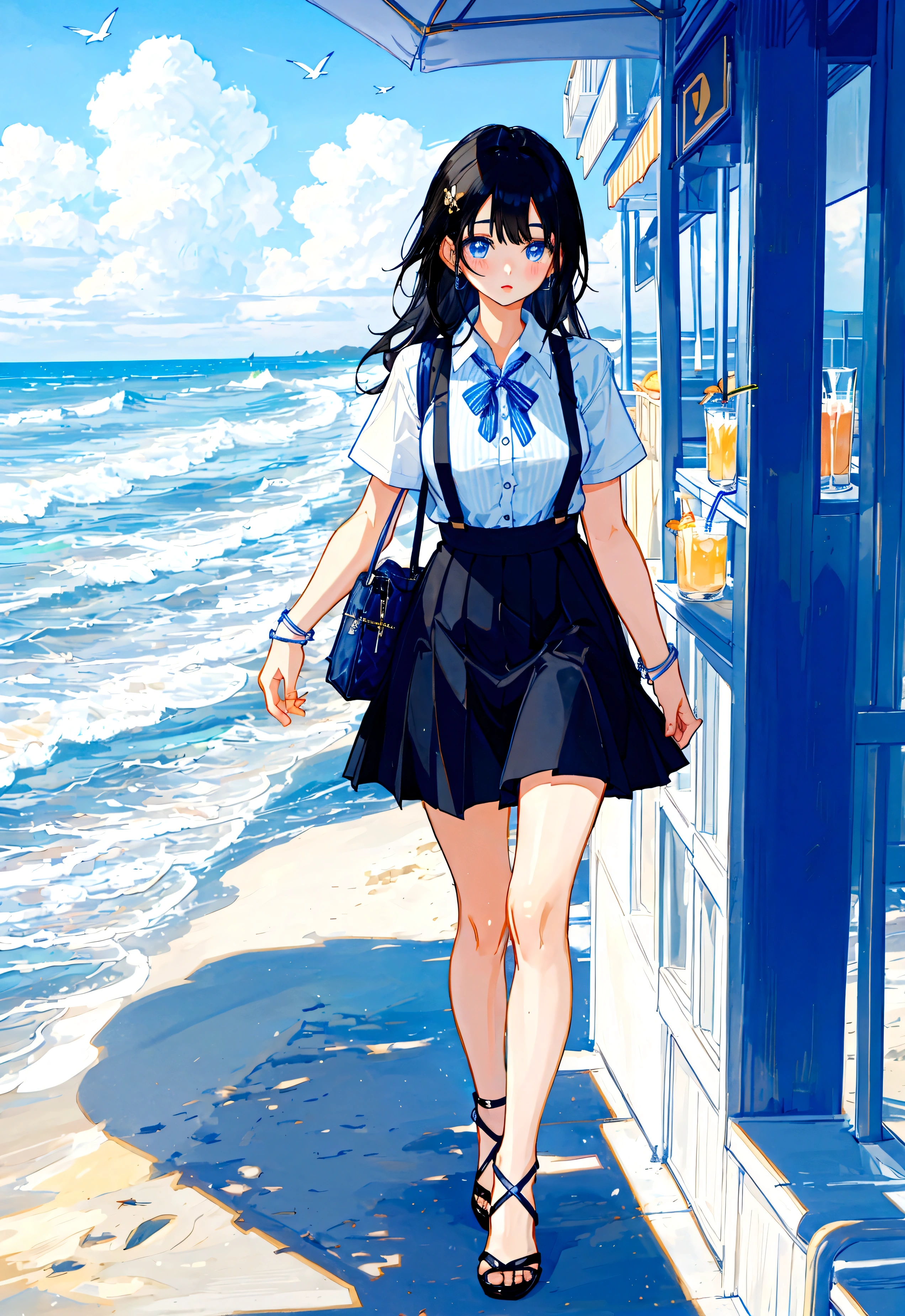 At the beachfront drink shop,Black hair girl,Wearing a blue striped suspender skirt