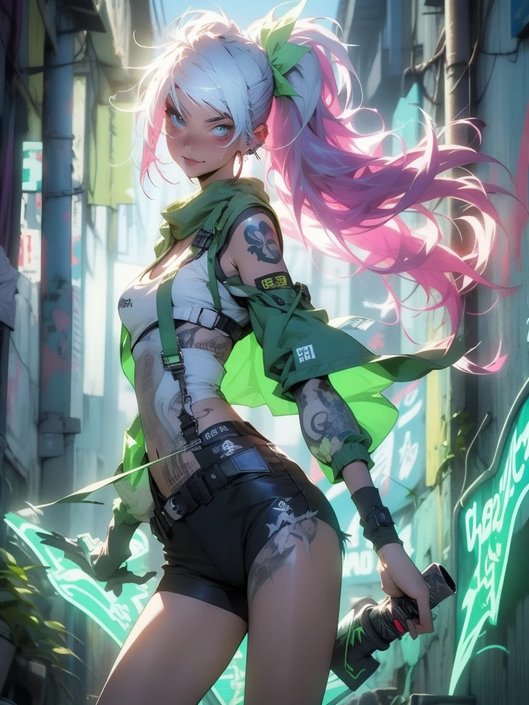 Ultra HD, anime realistic. Badass South Asian teen girl with short, windblown black hair and piercing electric blue eyes. Smirking confidently, she leans against a graffiti-covered wall in a neon-lit cyberpunk alleyway. Clad in a black tactical outfit with exposed arm guards, she grips a glowing katana at her side.