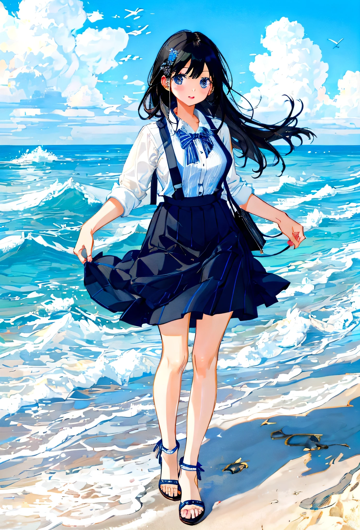 At the beachfront drink shop，Black hair girl，Wearing a blue striped suspender skirt