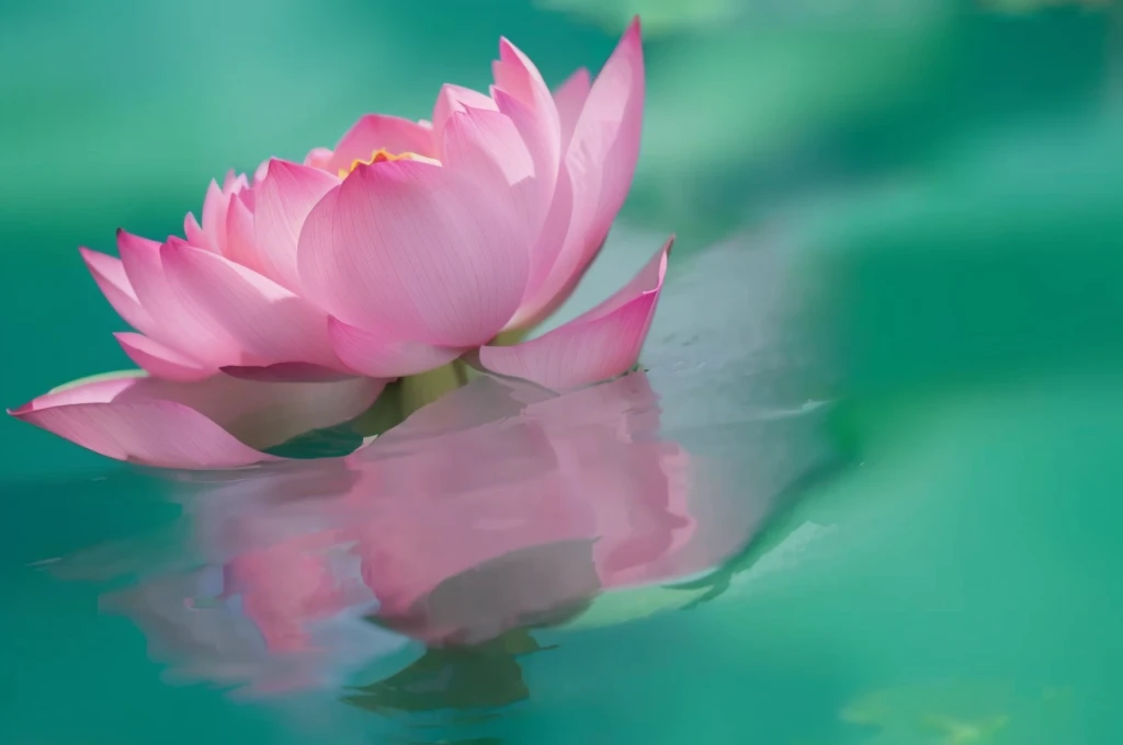 Alafide pink flowers on green background with blurred water, Floating in a powerful zen state, lotuses, lotus petals, author:Sim Che Tsai, author:Anna Fuseli, lotus flower, lotus, standing gracefully upon a lotus, Turquoise pink and green, Pink and cyan, Dressed in flesh green and pink, Cyan and Pink